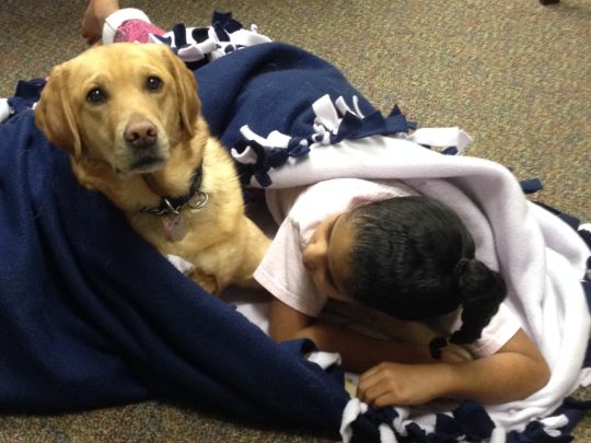 Courthouse facility dog Petra and young girl.