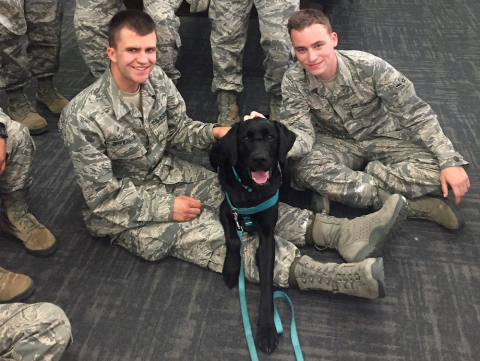 A facility dog making friends with a group of U.S. service men