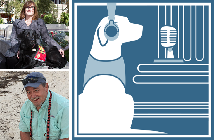 Images of Colleen Phelan and Jim Ha, collaged with the podcast logo of a dog wearing headphones and speaking into a mic
